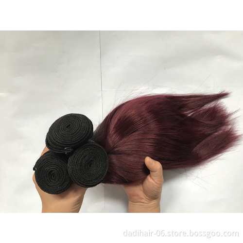 two tone ombre color dark red straight hair weave, natural Brazilian hair